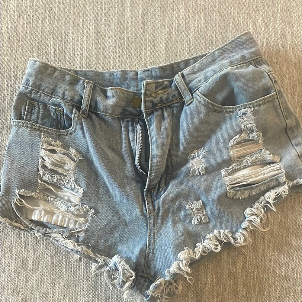 Trendy Light Blue Distressed Jean Shorts